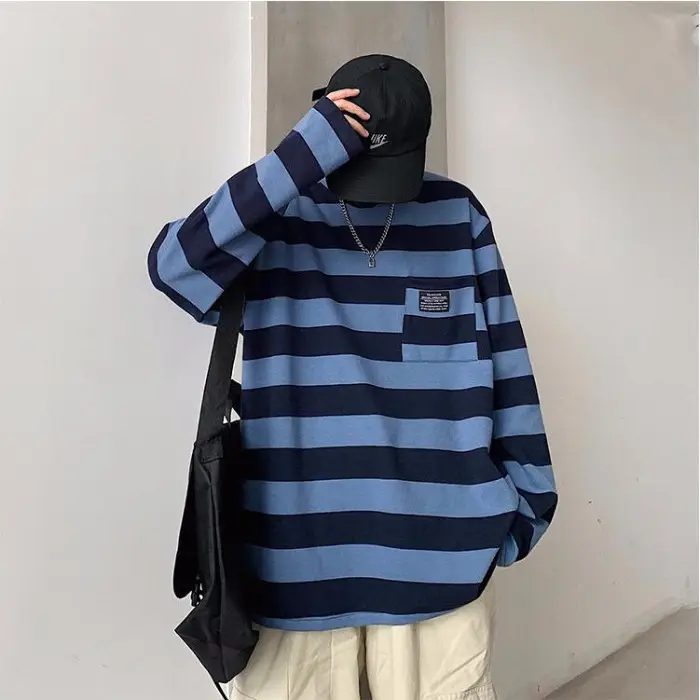 Women Striped Long Sleeve T-Shirt Blue Brown Yellow 2019 - Image 6