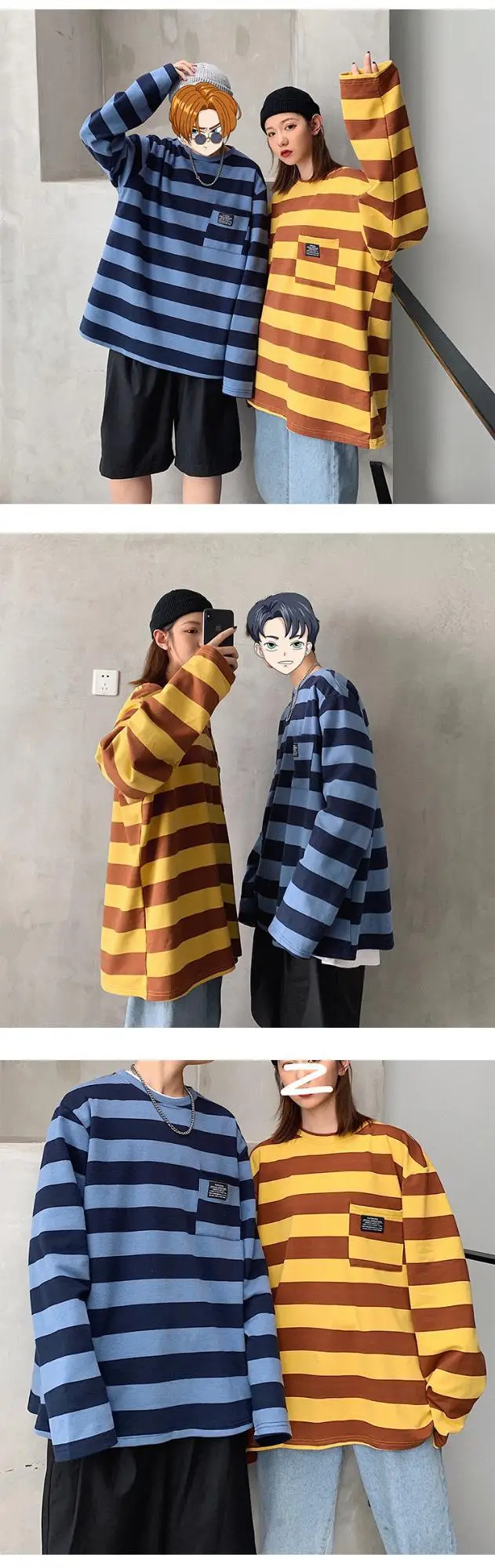 Women Striped Long Sleeve T-Shirt Blue Brown Yellow 2019 — feature 14