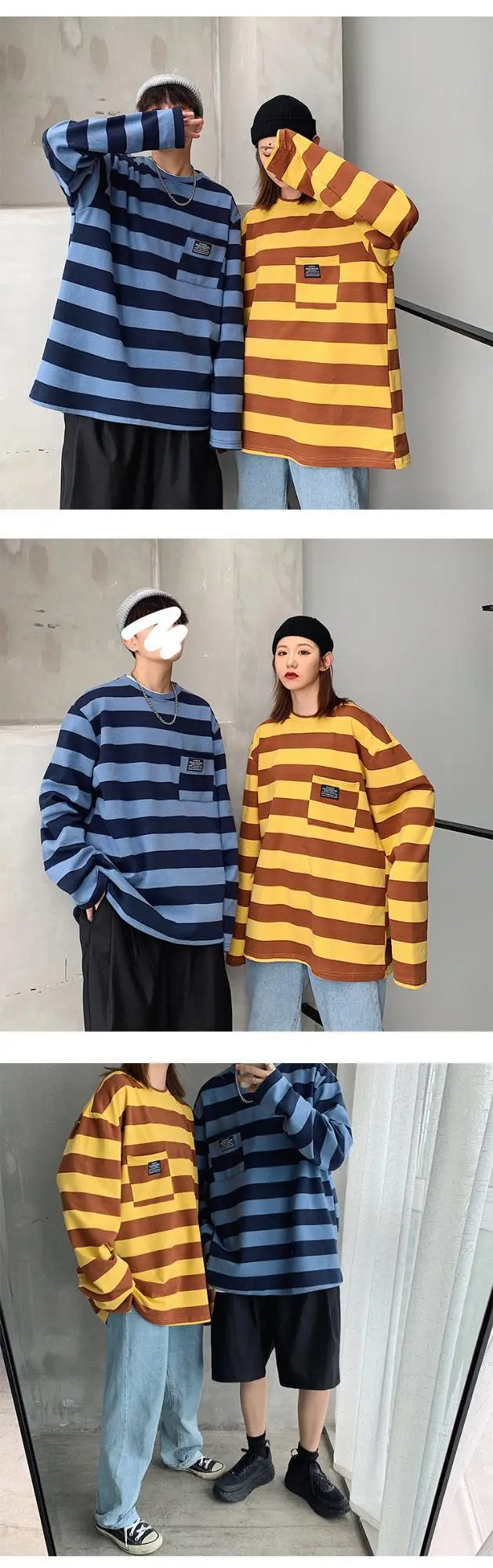Women Striped Long Sleeve T-Shirt Blue Brown Yellow 2019 — feature 15