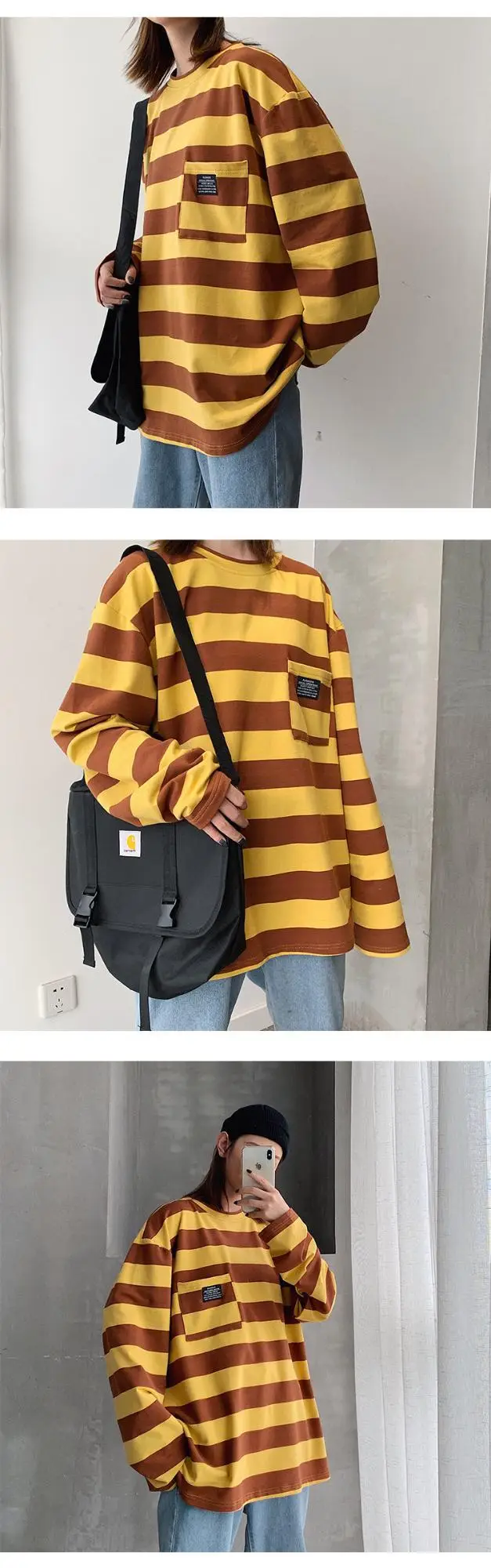 Women Striped Long Sleeve T-Shirt Blue Brown Yellow 2019 — feature 16