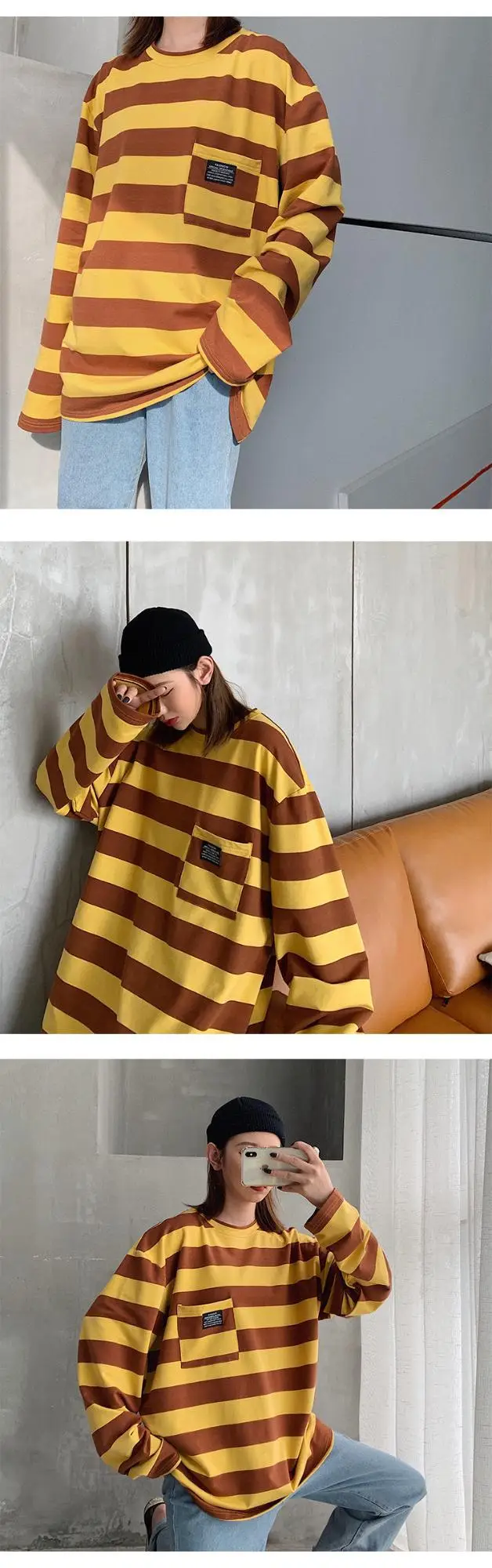 Women Striped Long Sleeve T-Shirt Blue Brown Yellow 2019 — feature 17