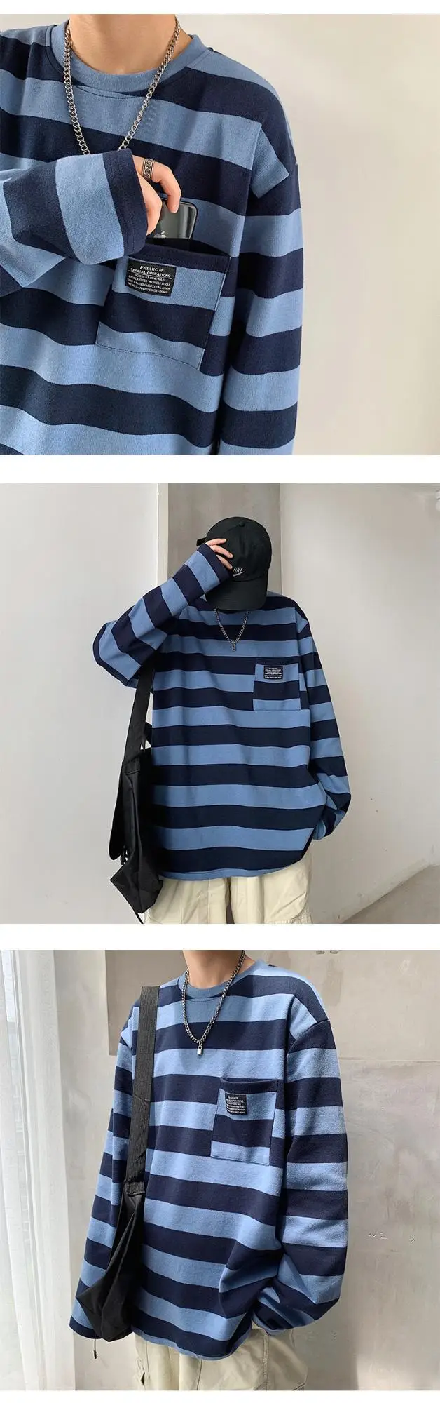 Women Striped Long Sleeve T-Shirt Blue Brown Yellow 2019 — feature 3
