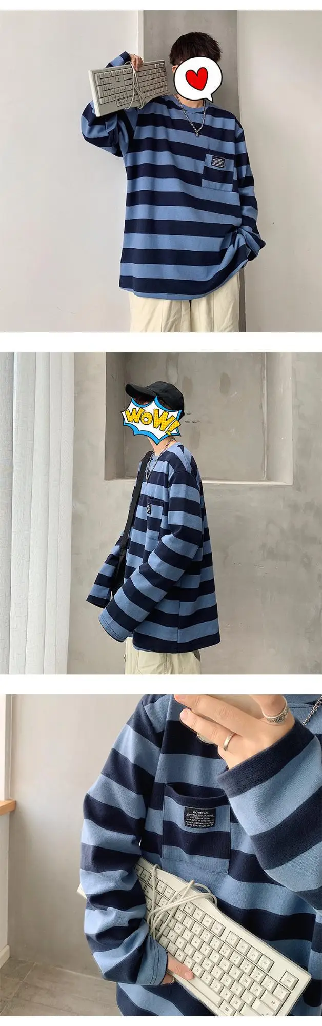 Women Striped Long Sleeve T-Shirt Blue Brown Yellow 2019 — feature 4