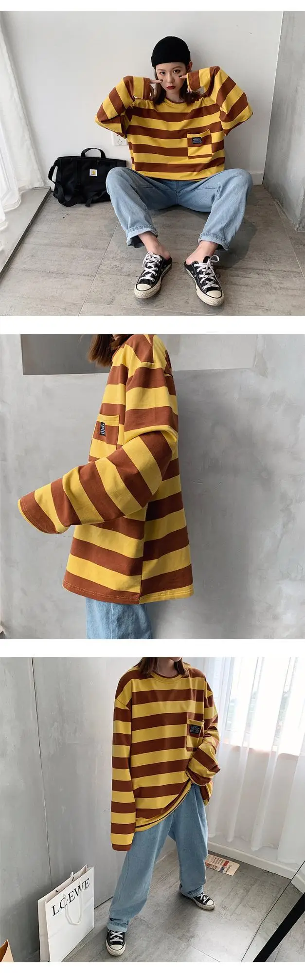 Women Striped Long Sleeve T-Shirt Blue Brown Yellow 2019 — feature 6
