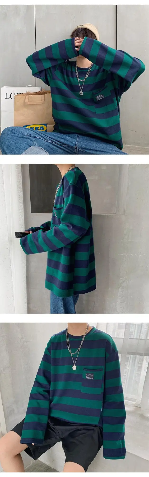 Women Striped Long Sleeve T-Shirt Blue Brown Yellow 2019 — feature 8