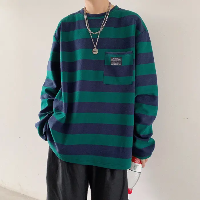 Women Striped Long Sleeve T-Shirt Blue Brown Yellow 2019 - Image 2