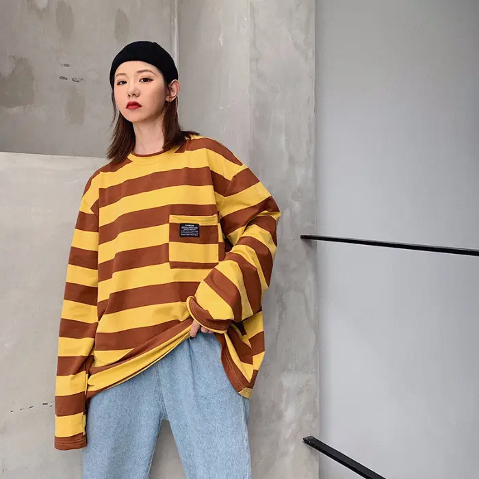 Women Striped Long Sleeve T-Shirt Blue Brown Yellow 2019 - Image 3