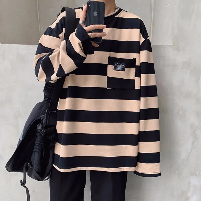 Women Striped Long Sleeve T-Shirt Blue Brown Yellow 2019 - Image 4