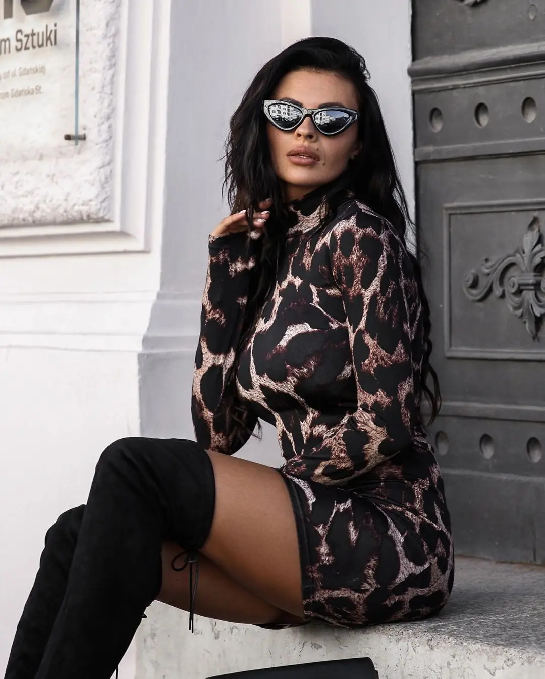 Long Sleeve Snake Print Collar Dress for Women — feature 12
