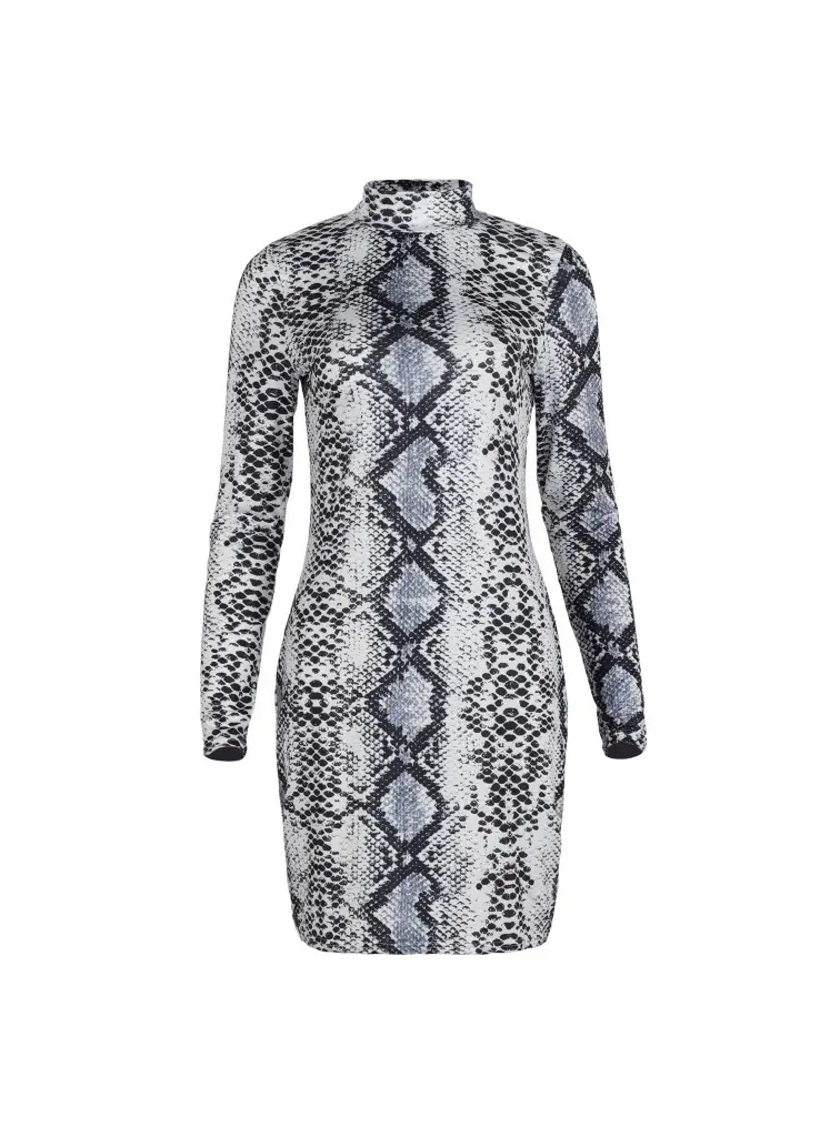 Long Sleeve Snake Print Collar Dress for Women — feature 18
