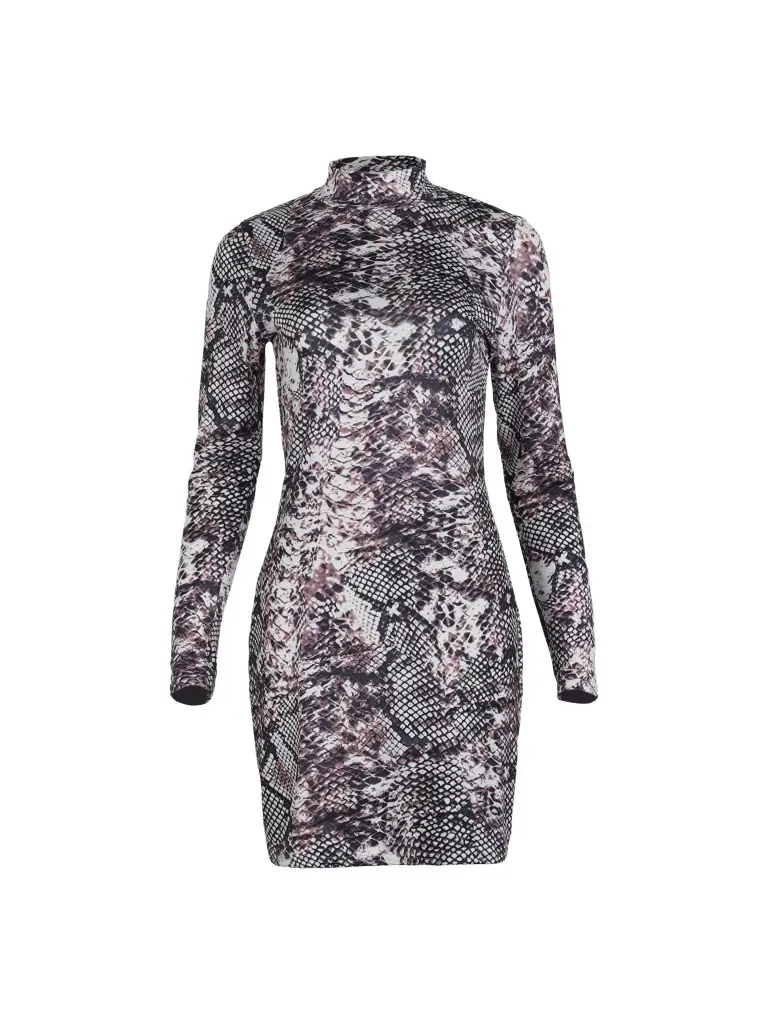 Long Sleeve Snake Print Collar Dress for Women — feature 21