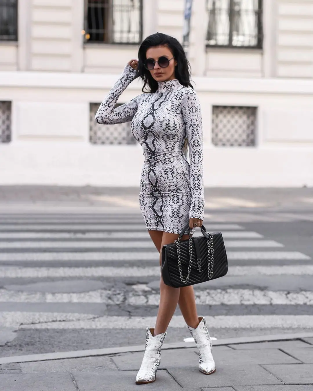 Long Sleeve Snake Print Collar Dress for Women — feature 9