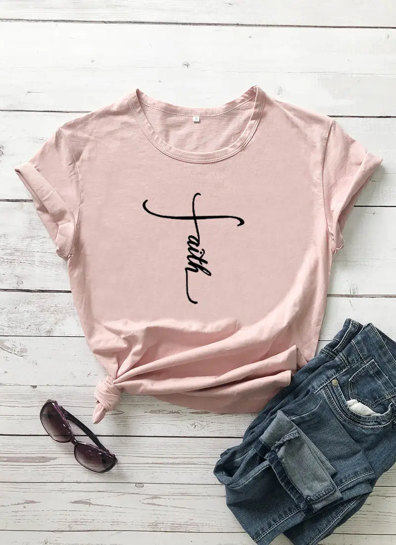 Faith Lettered Pink T-Shirt for Men Women Europe USA