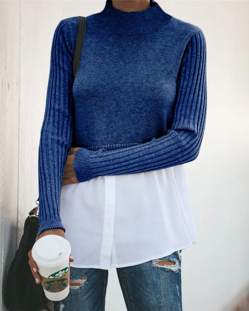 Blue Long Sleeve Button Sweater for Women