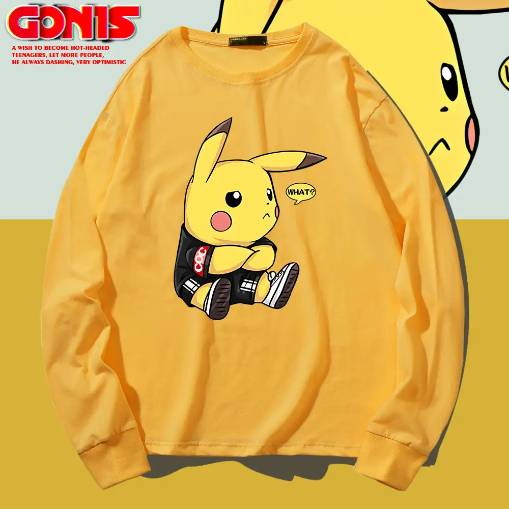 Men Pikachu Long Sleeve T-Shirt Black Cotton
