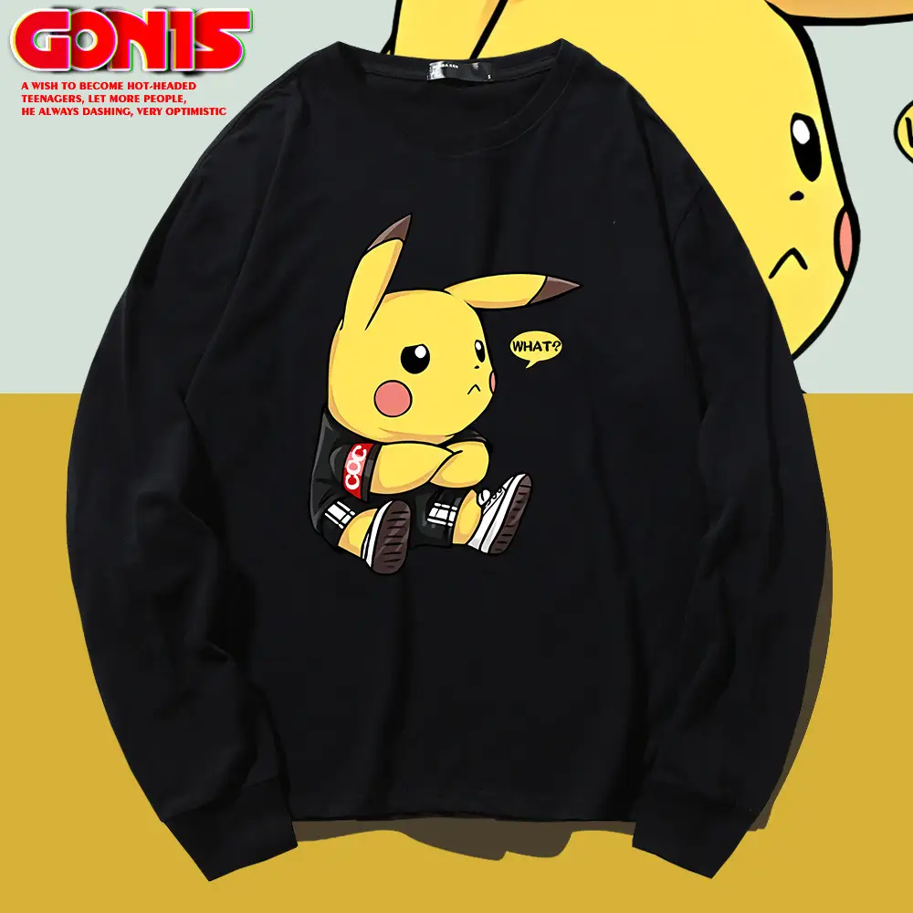 Men Pikachu Long Sleeve T-Shirt Black Cotton