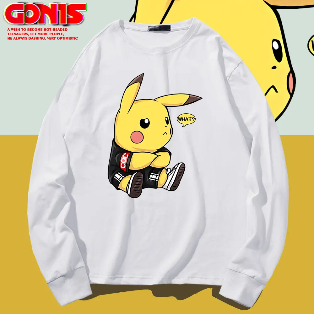Men Pikachu Long Sleeve T-Shirt Black Cotton