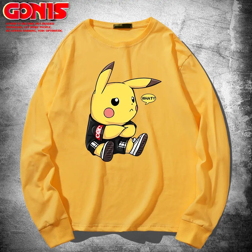 Men Pikachu Long Sleeve T-Shirt Black Cotton