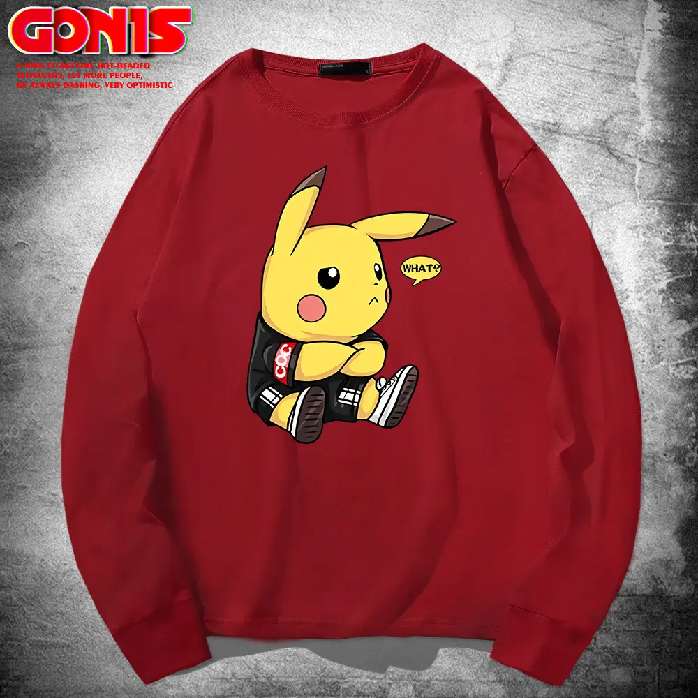 Men Pikachu Long Sleeve T-Shirt Black Cotton