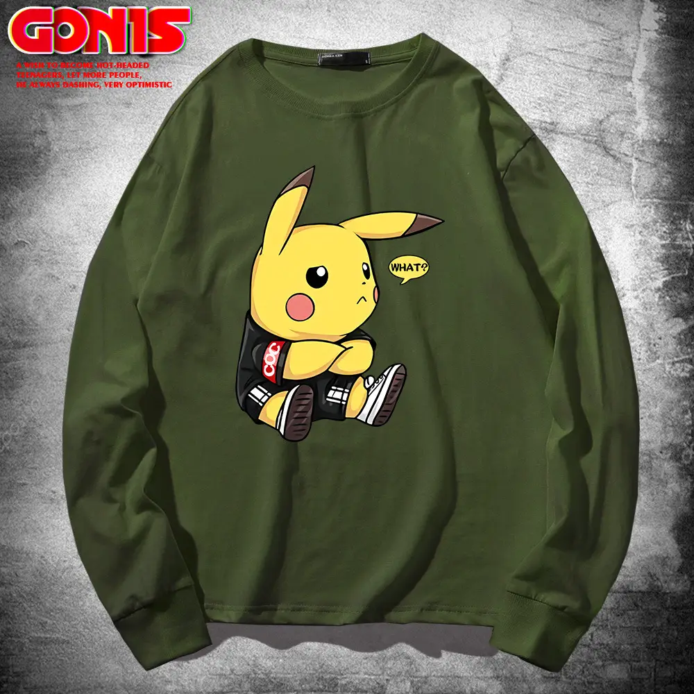 Men Pikachu Long Sleeve T-Shirt Black Cotton