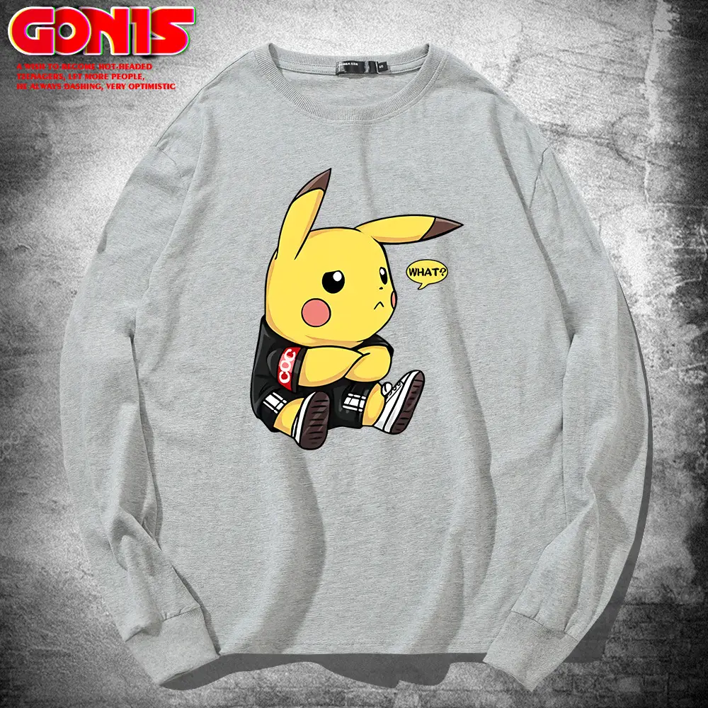 Men Pikachu Long Sleeve T-Shirt Black Cotton
