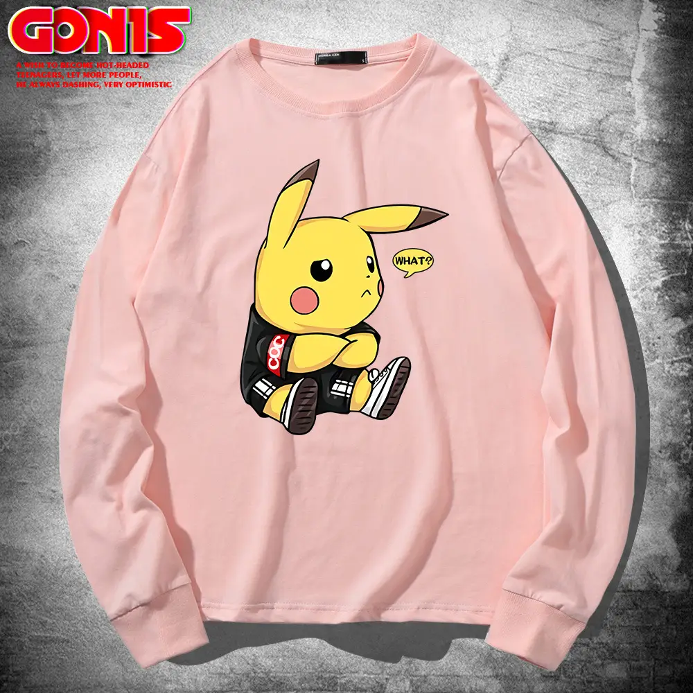 Men Pikachu Long Sleeve T-Shirt Black Cotton