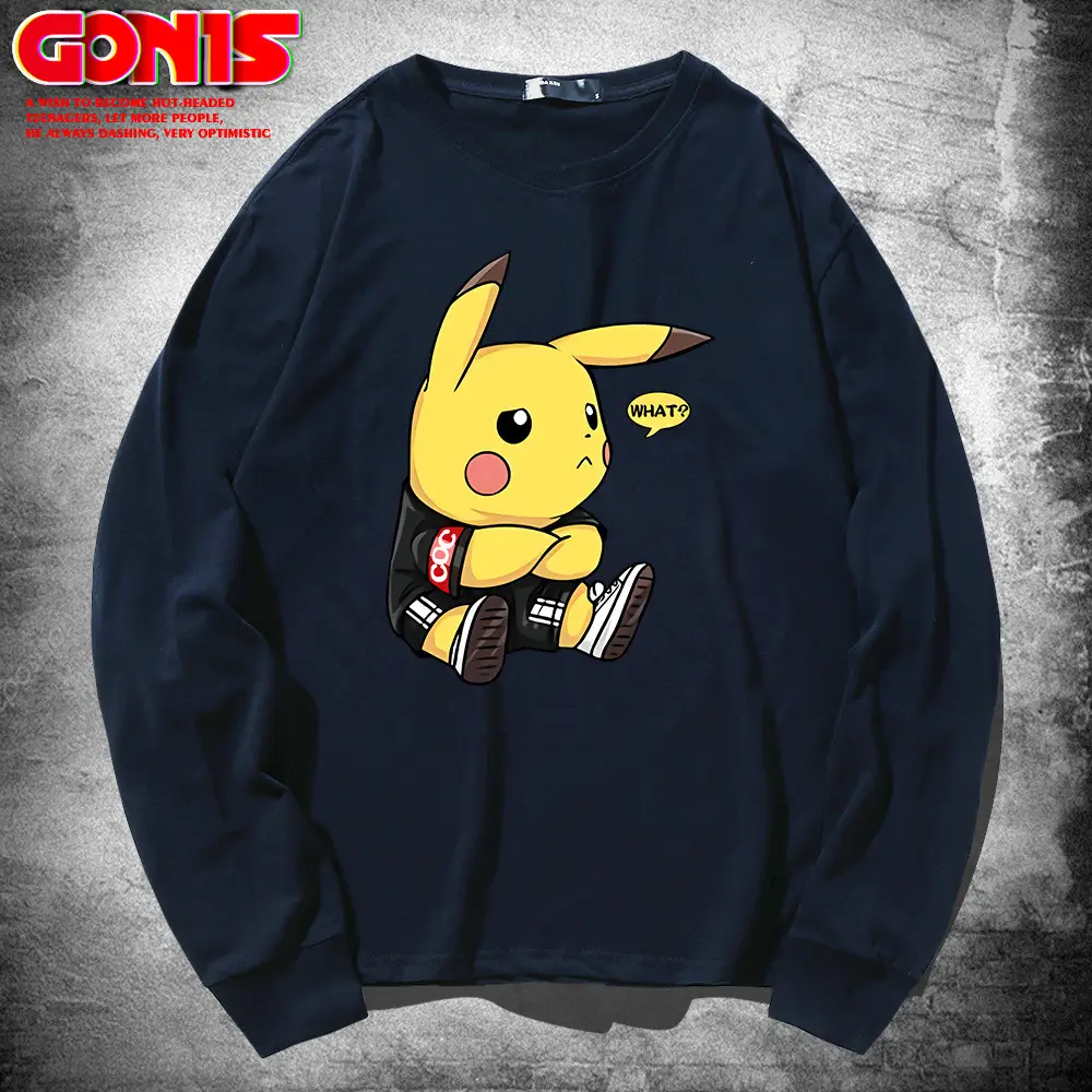 Men Pikachu Long Sleeve T-Shirt Black Cotton