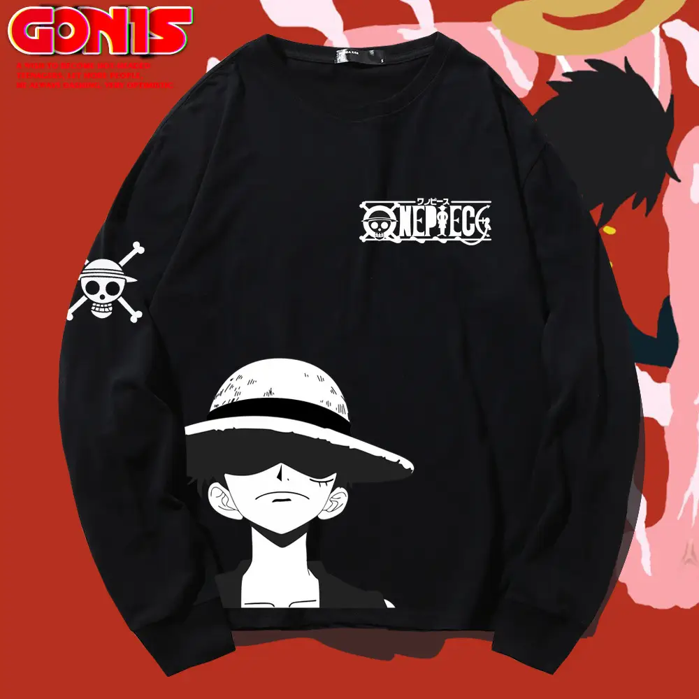 One Piece Long Sleeve T-Shirt Grey Cartoon Graphic