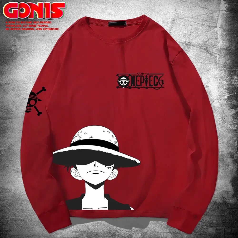 One Piece Long Sleeve T-Shirt Grey Cartoon Graphic
