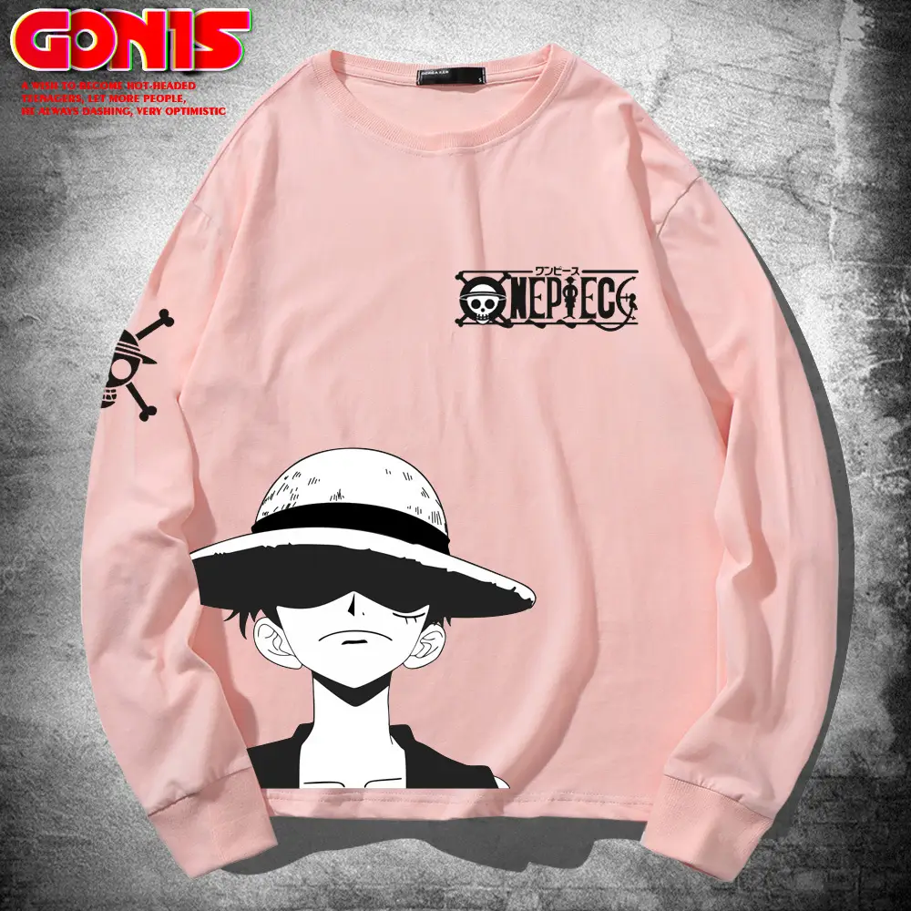 One Piece Long Sleeve T-Shirt Grey Cartoon Graphic