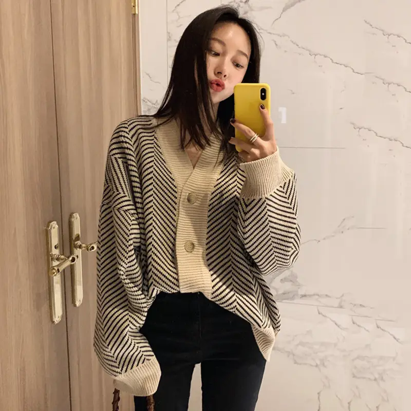 Women V-Neck Cardigan Sweater Coat Diamond Textured Loose Irregular - Image 7