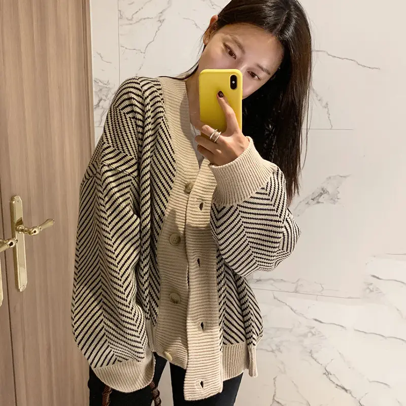 Women V-Neck Cardigan Sweater Coat Diamond Textured Loose Irregular - Image 8