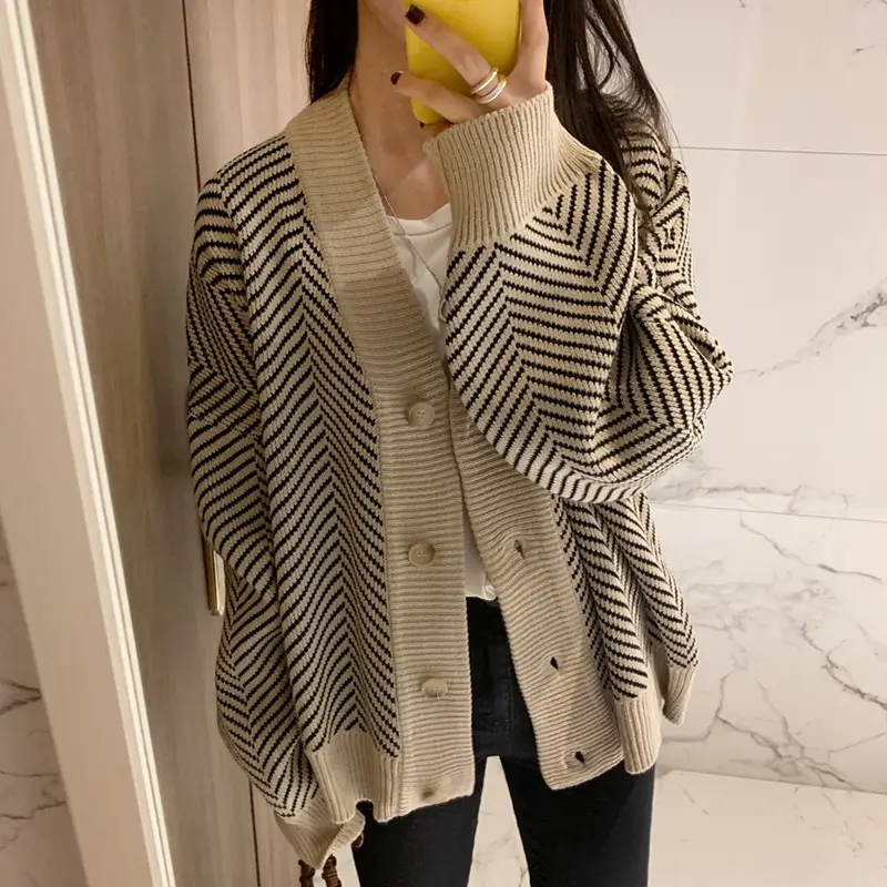 Women V-Neck Cardigan Sweater Coat Diamond Textured Loose Irregular - Image 9