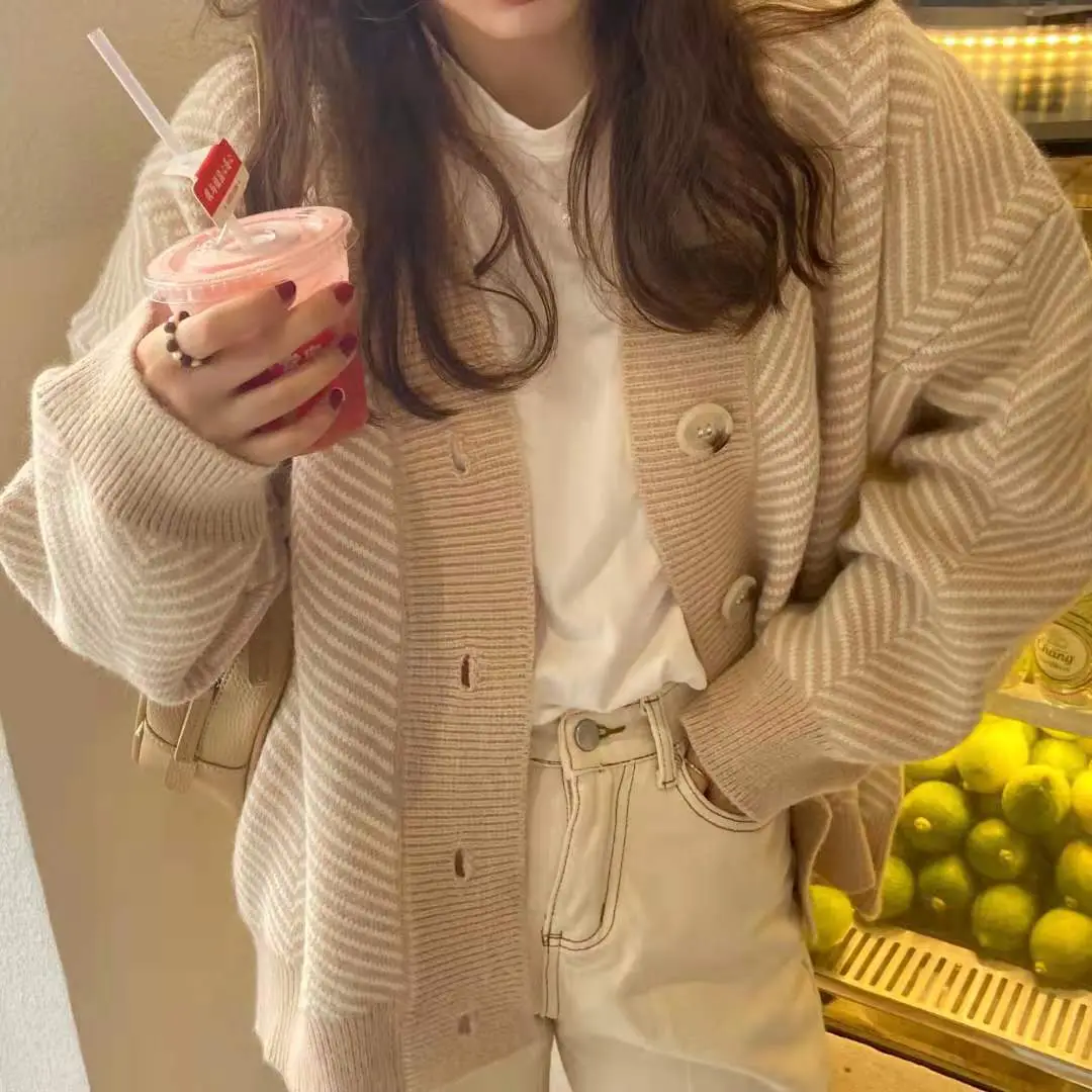Women V-Neck Cardigan Sweater Coat Diamond Textured Loose Irregular - Image 2