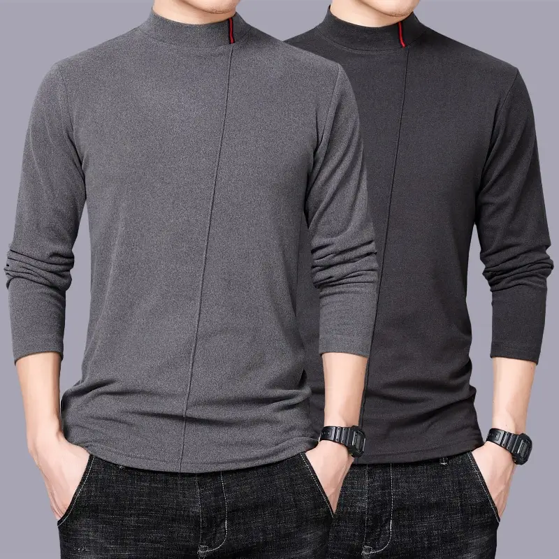 Men's Grey Fleece Turtleneck Long Sleeve Warm Shirt