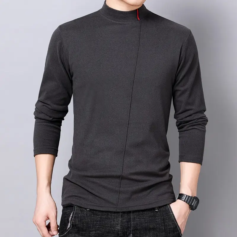 Men's Grey Fleece Turtleneck Long Sleeve Warm Shirt