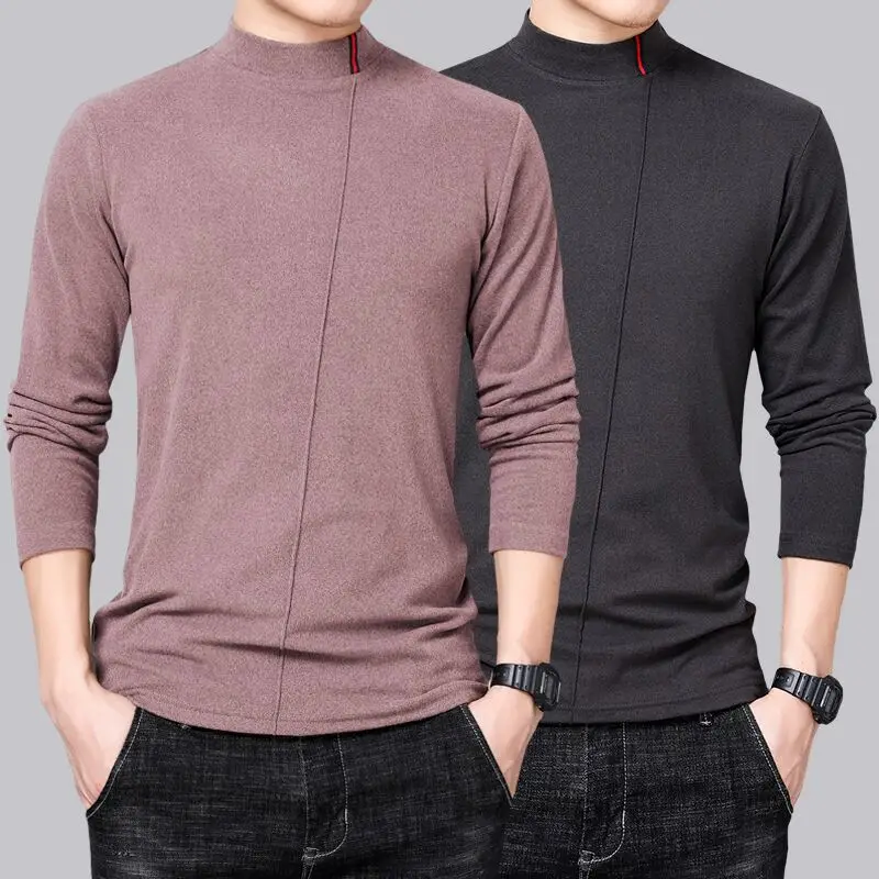 Men's Grey Fleece Turtleneck Long Sleeve Warm Shirt