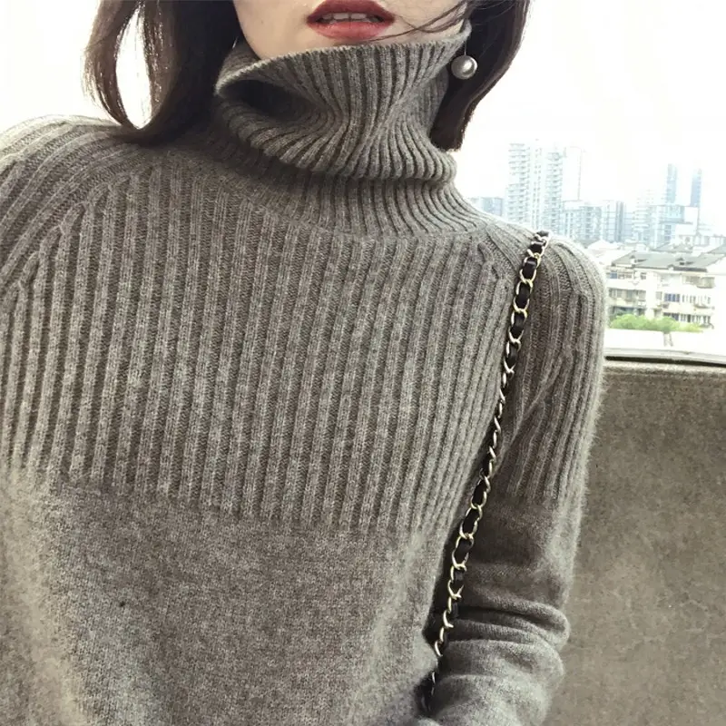Women Wool Knit Turtleneck Sweater Grey 2023 — feature 3