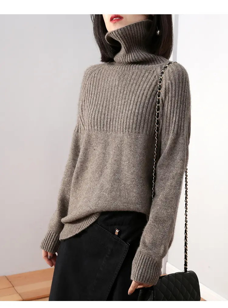Women Wool Knit Turtleneck Sweater Grey 2023 - Image 3