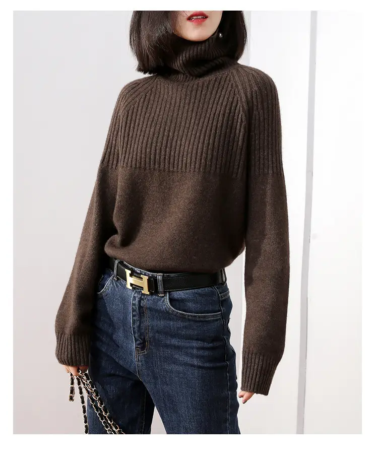 Women Wool Knit Turtleneck Sweater Grey 2023 - Image 4