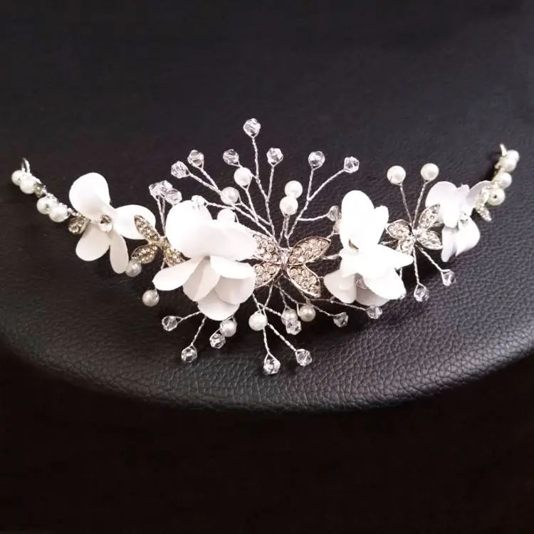 Korean Style Bride Headband with White Flowers & Diamond Accents - Image 4