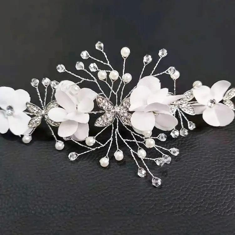 Korean Style Bride Headband with White Flowers & Diamond Accents - Image 5