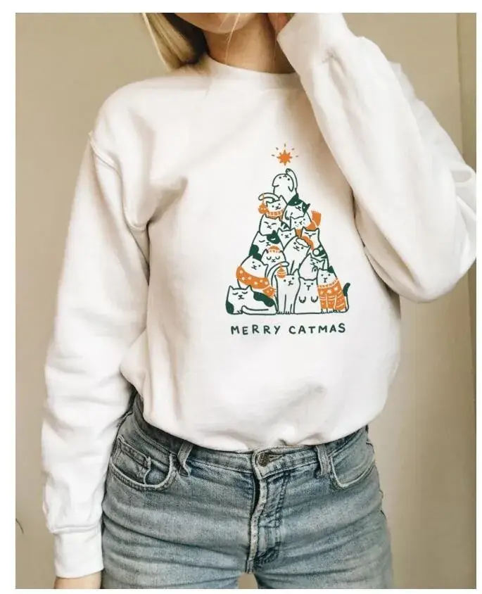 Merry Catmas Grey Sweatshirt with Cat Print - Image 2