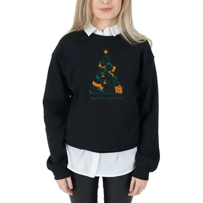Merry Catmas Grey Sweatshirt with Cat Print - Image 3