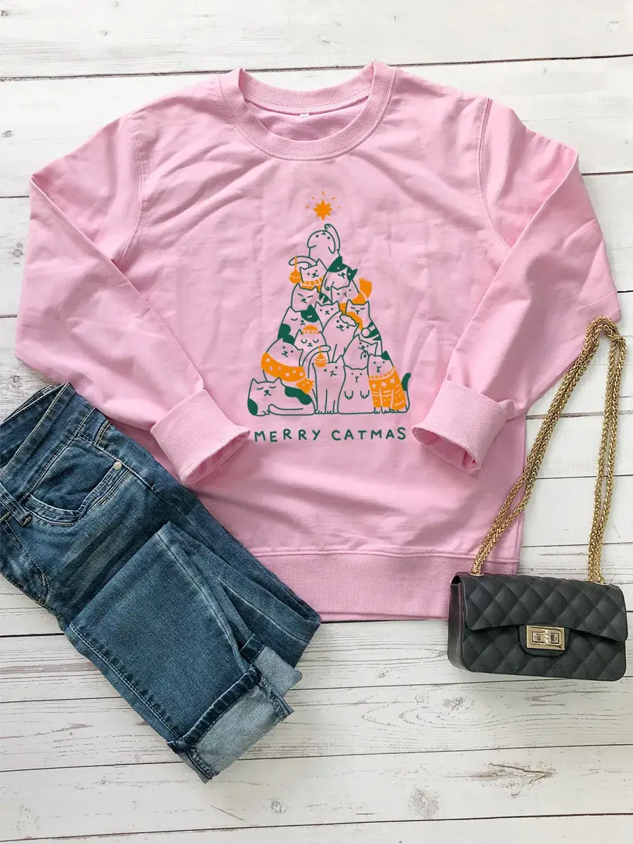 Merry Catmas Grey Sweatshirt with Cat Print - Image 5