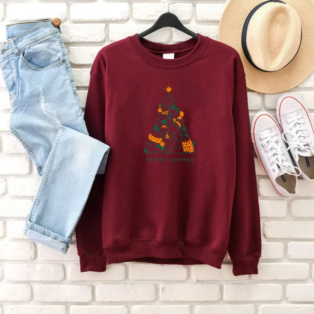 Merry Catmas Grey Sweatshirt with Cat Print - Image 6