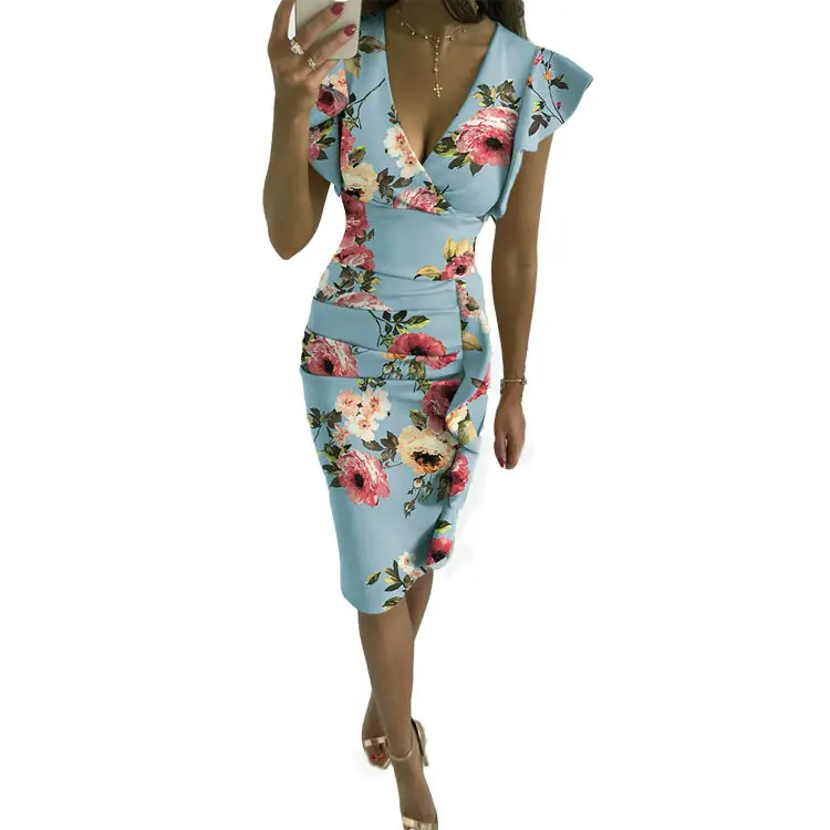 2025 Hot Summer V Neck Slim Waist Pleated Ruffle Hip Dress - Image 11