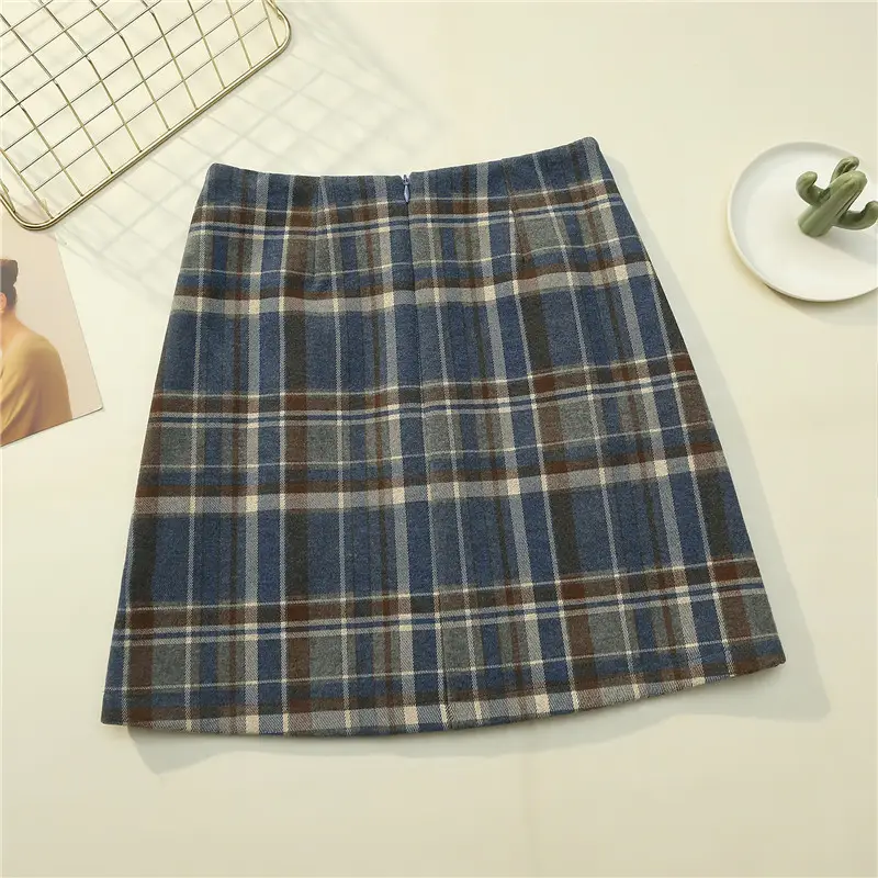 Women Wool Plaid High Waist Skirt Black Brown