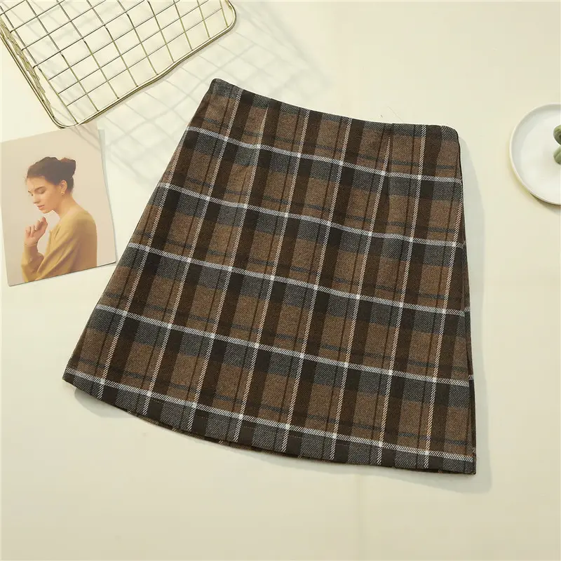 Women Wool Plaid High Waist Skirt Black Brown