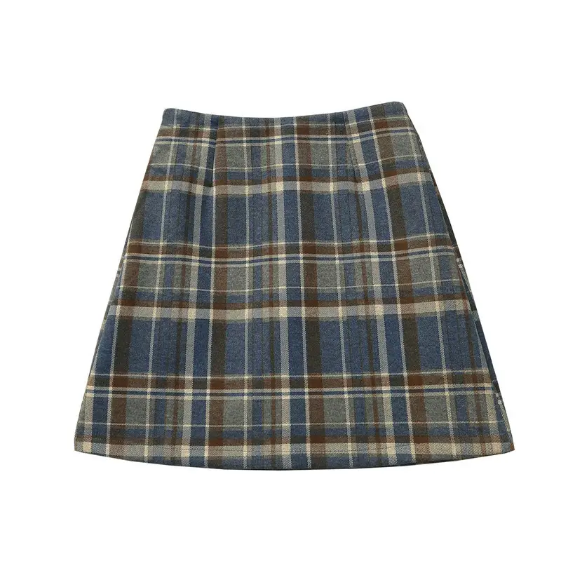 Women Wool Plaid High Waist Skirt Black Brown